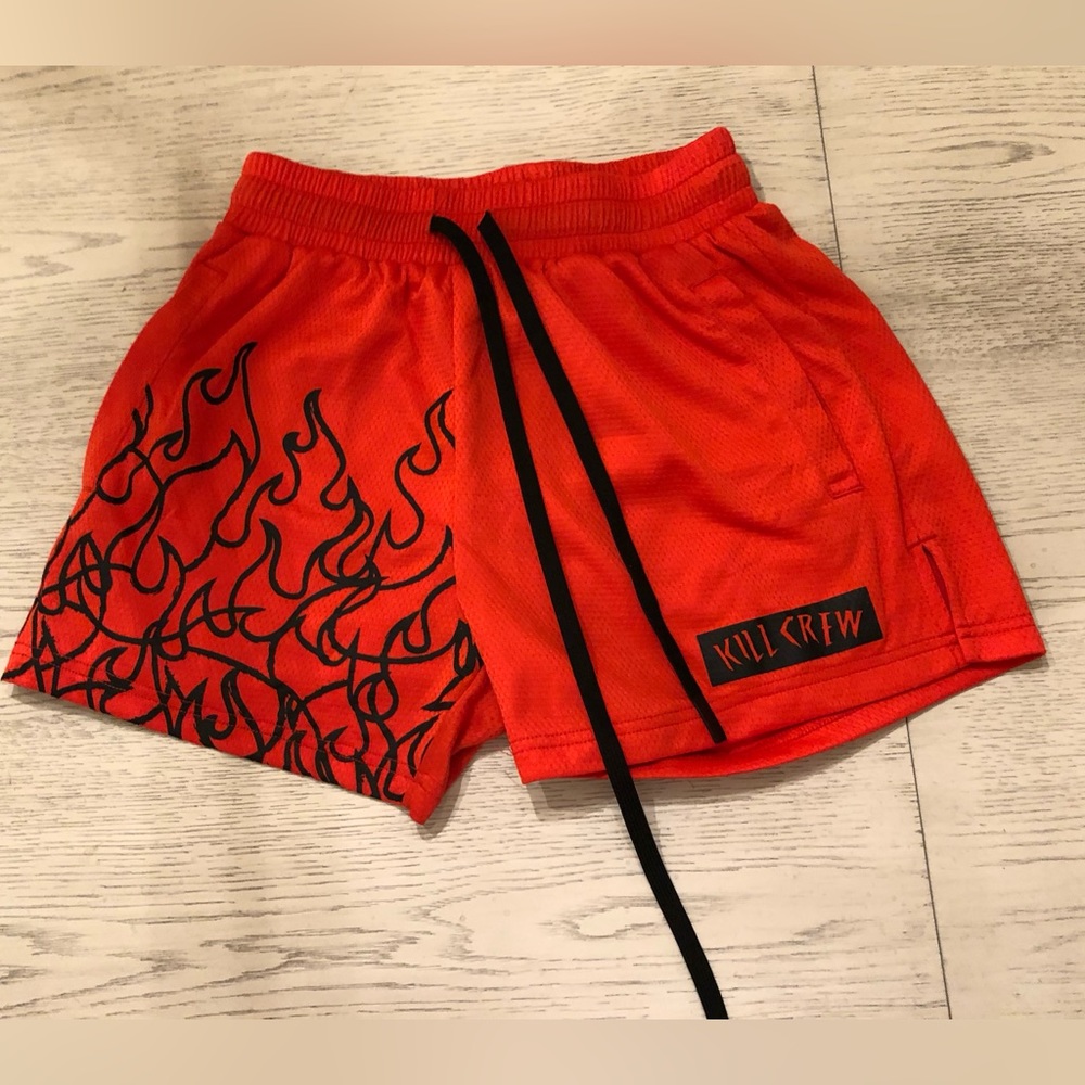 KILLCREW MUAY THAI FLAME SHORTS MID THIGH CUT-RED/BLACK SIZE SMALL